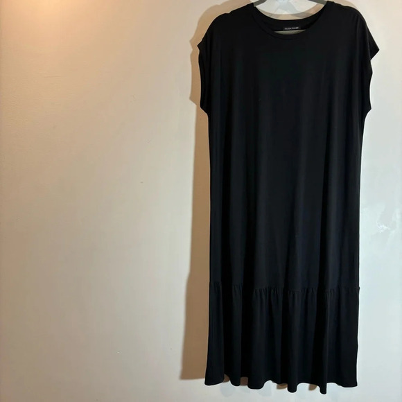 EILEEN FISHER Sz L 99% Tencell Ruffle Hem Drop Shoulder Midi Length Shift Dress - Picture 2 of 7